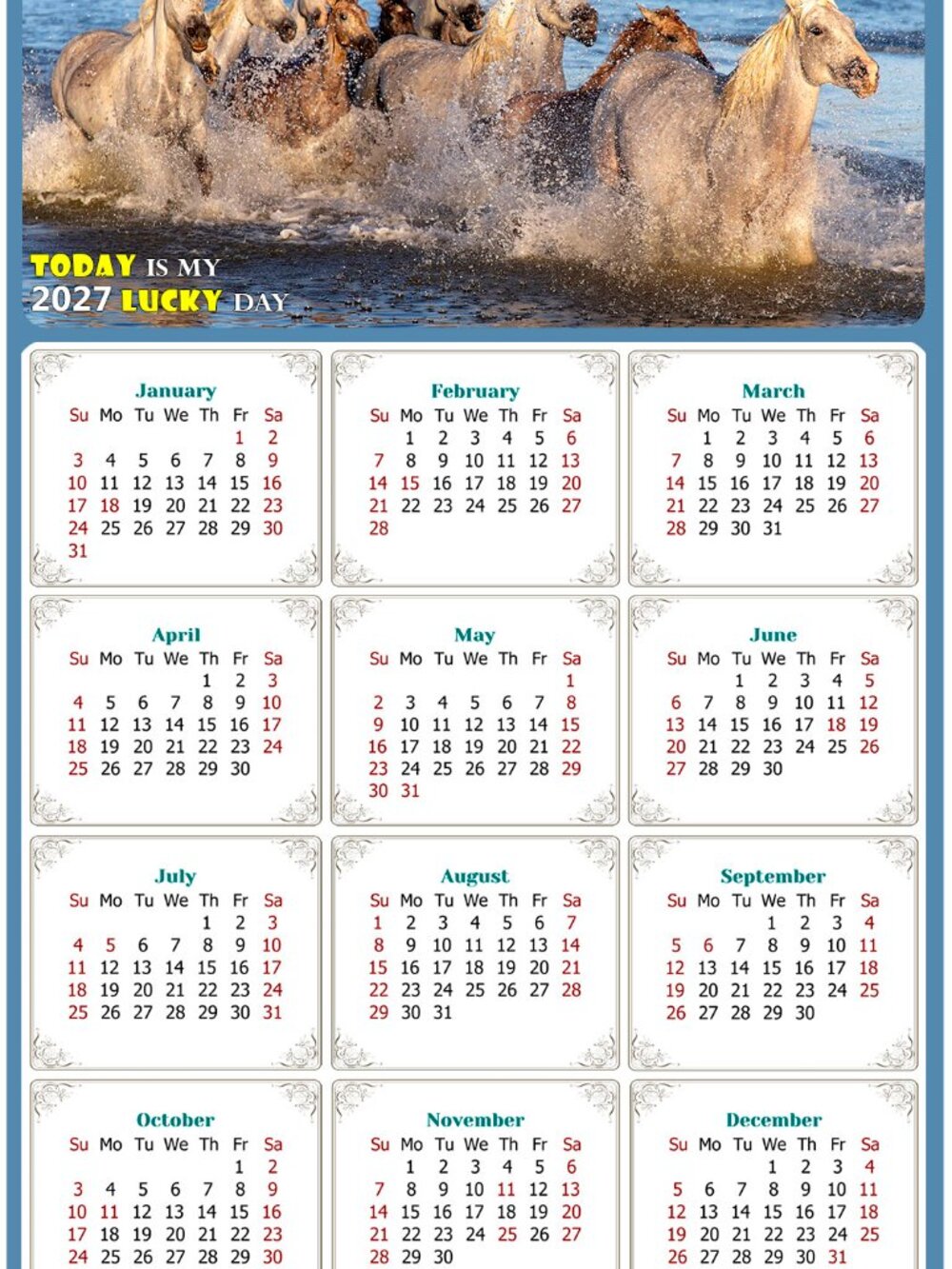 2027 Magnetic Calendar - Today is my Lucky Day - Horses Themed 08 (5.25 x 8)